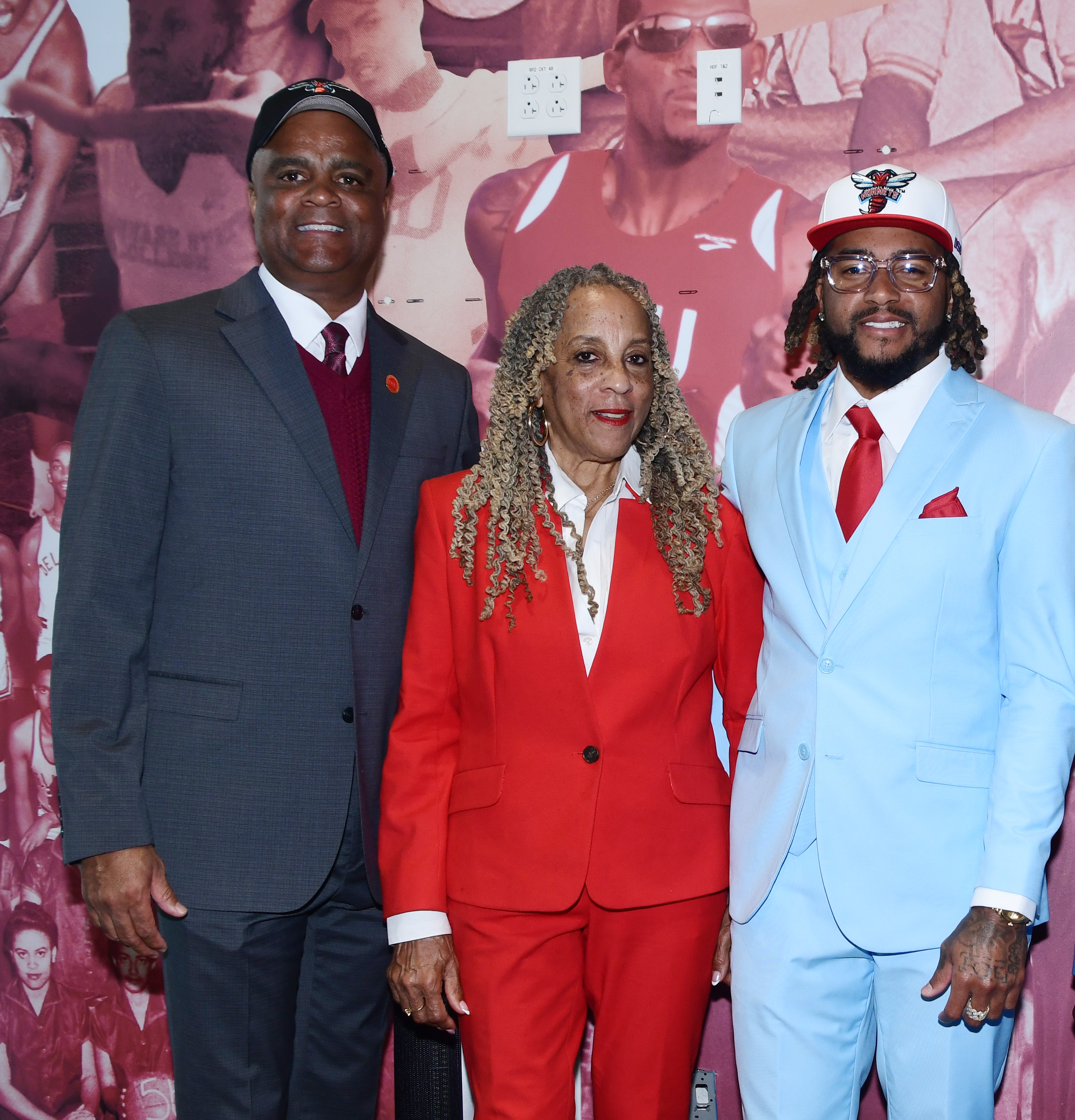 DSU Athletics Director Tony Tucker, Gayle Jackson, and her son DeSean Jackson, the new Hornet Head Football Coach.