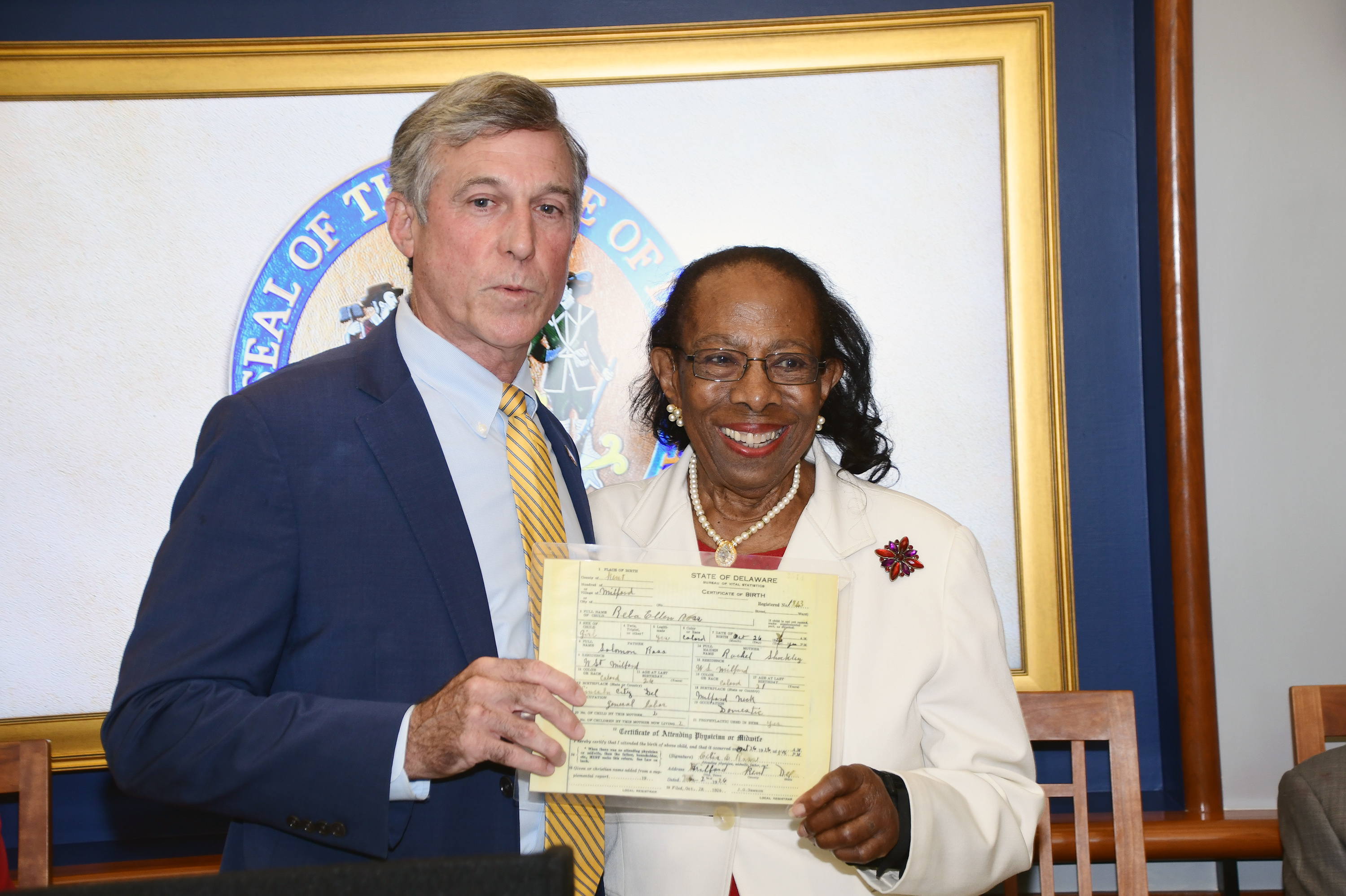 Gov. Carney obtained a copy of Dr. Hollingsworth's birth certificate from the State Archives