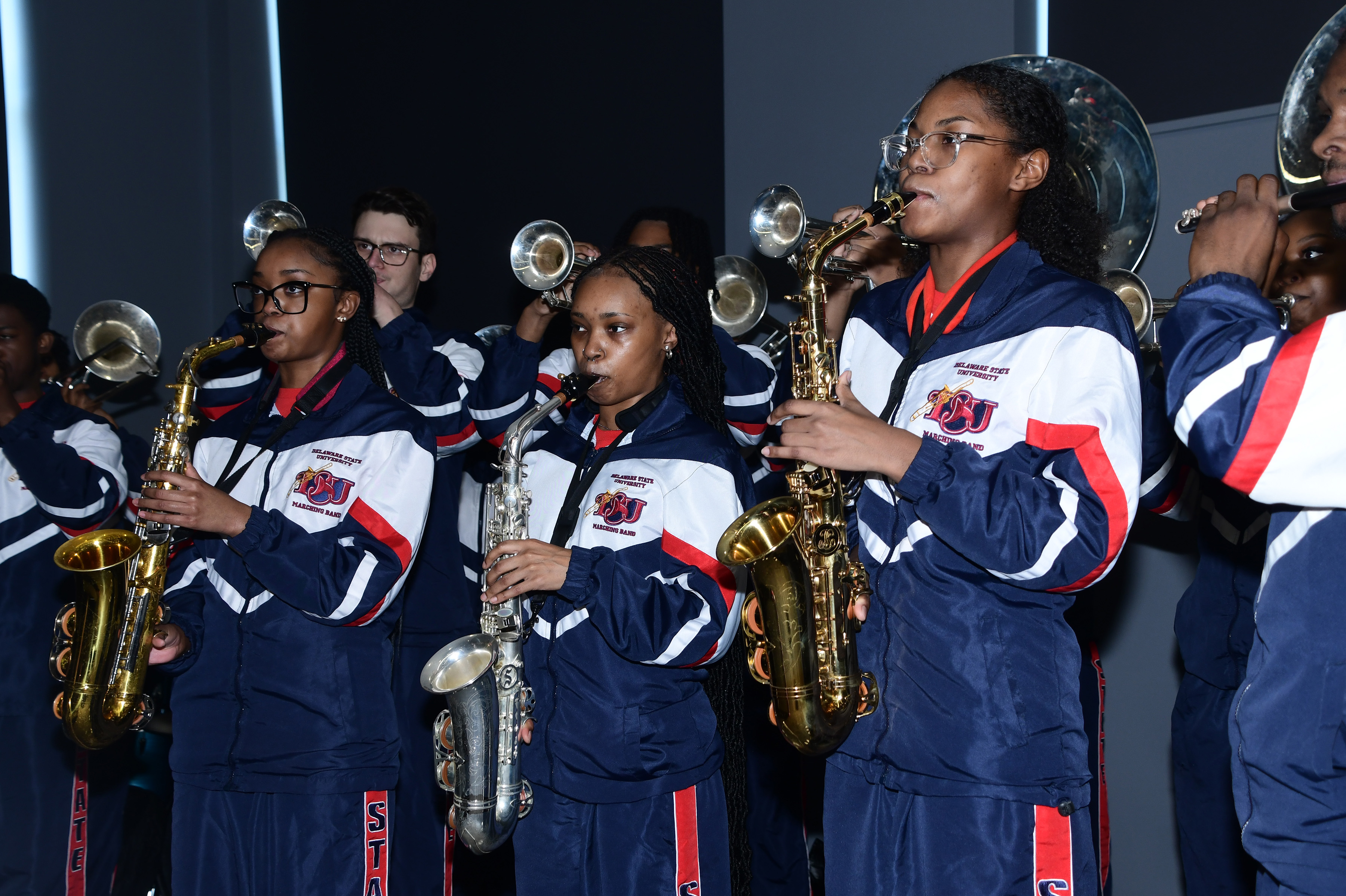 The DSU Approaching Storm Marching Band kicked off the welcome event with rousing music.