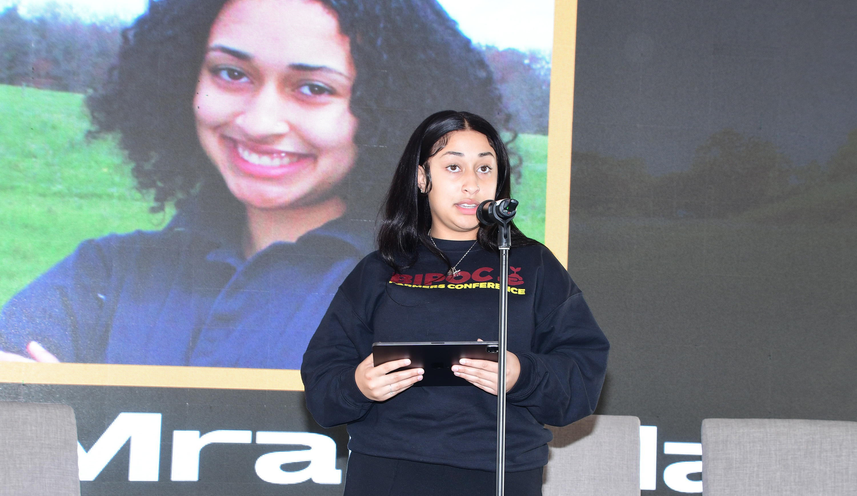 Cayla Mrani-Alaoui, DSU MANNRS Chapter President, gave an address at the BIPOC Farmers Conference.