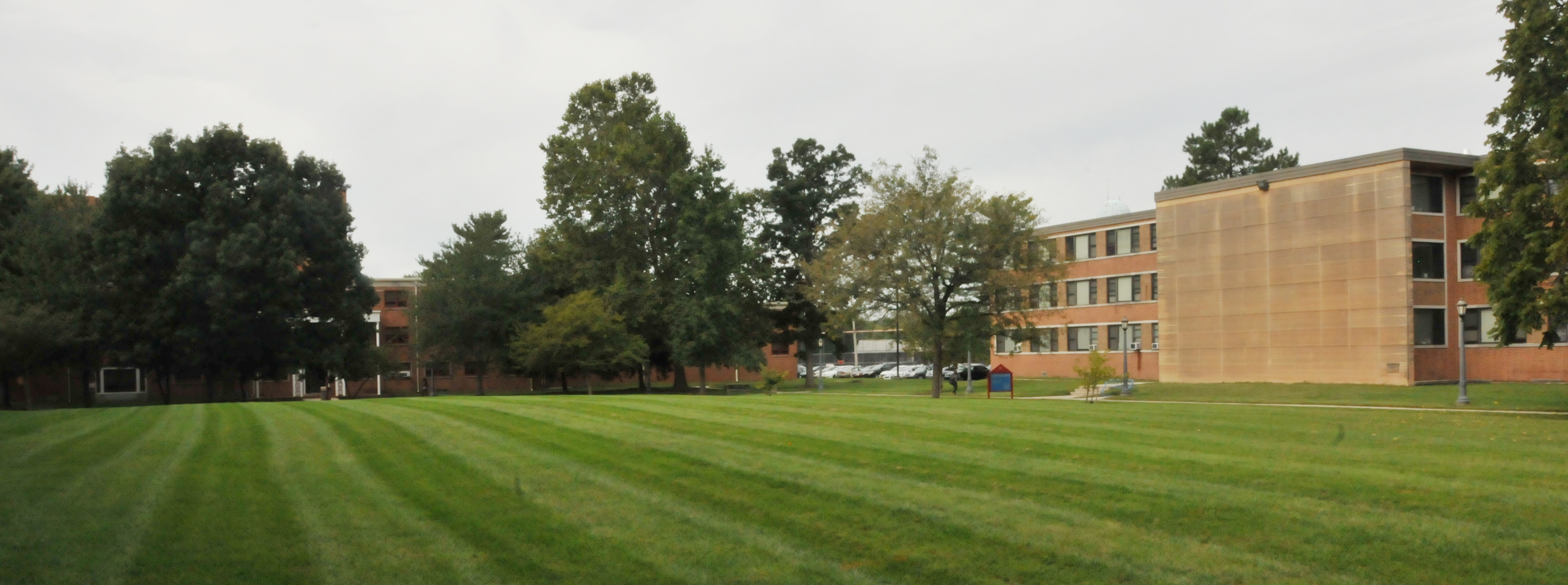 As part of the new residence hall plan, Tubman Hall (obscured on the left by trees) and Laws Hall will be demolished.