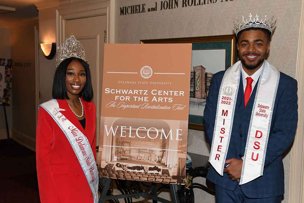 (L-r) Miss DSU Jewel Phillips and Mr. DSU Jason Smith participated in the University's Feb. 23 event at the Schwartz Center for the Arts, which launched Del State's plans to reopen the historic theatre in Downtown Dover.