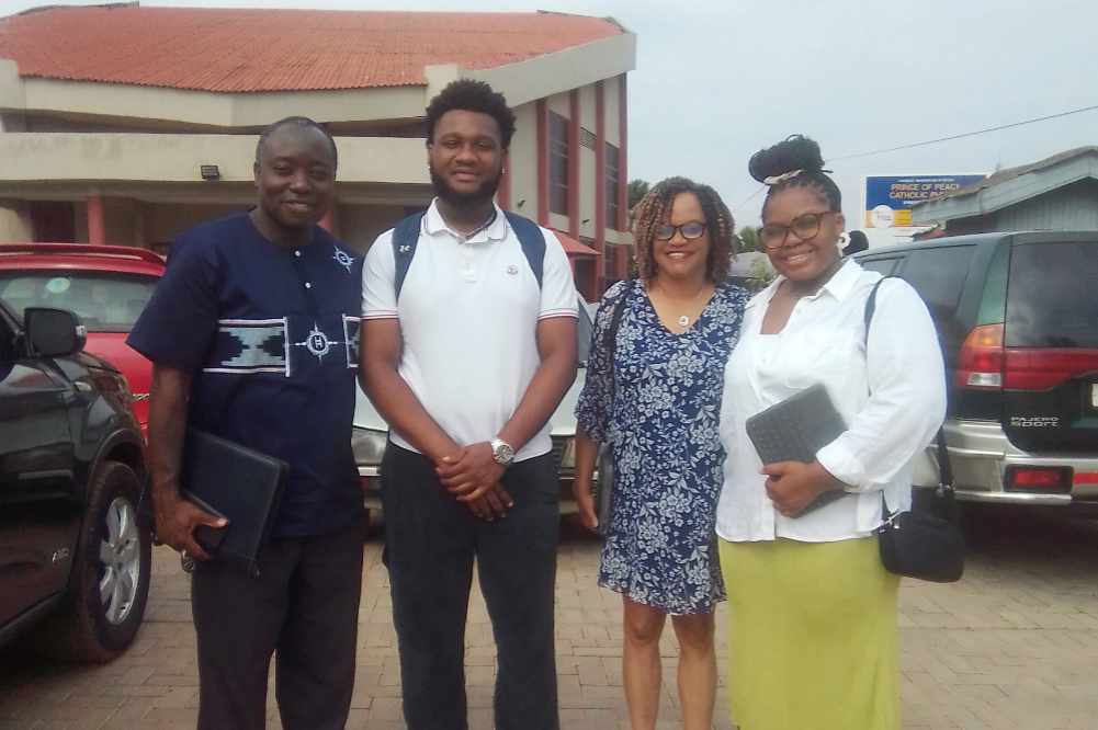 DSU research team in Ghana: (l-r) Dr. Raymond Tutu, Professor of Global Societies, Matthew Charles, Dr. Charlisa Edelin, Assistant Dean of Student Life and Academic Success, and Autumn Flowers. Health literacy and health access were the focus of their research in Ghana.