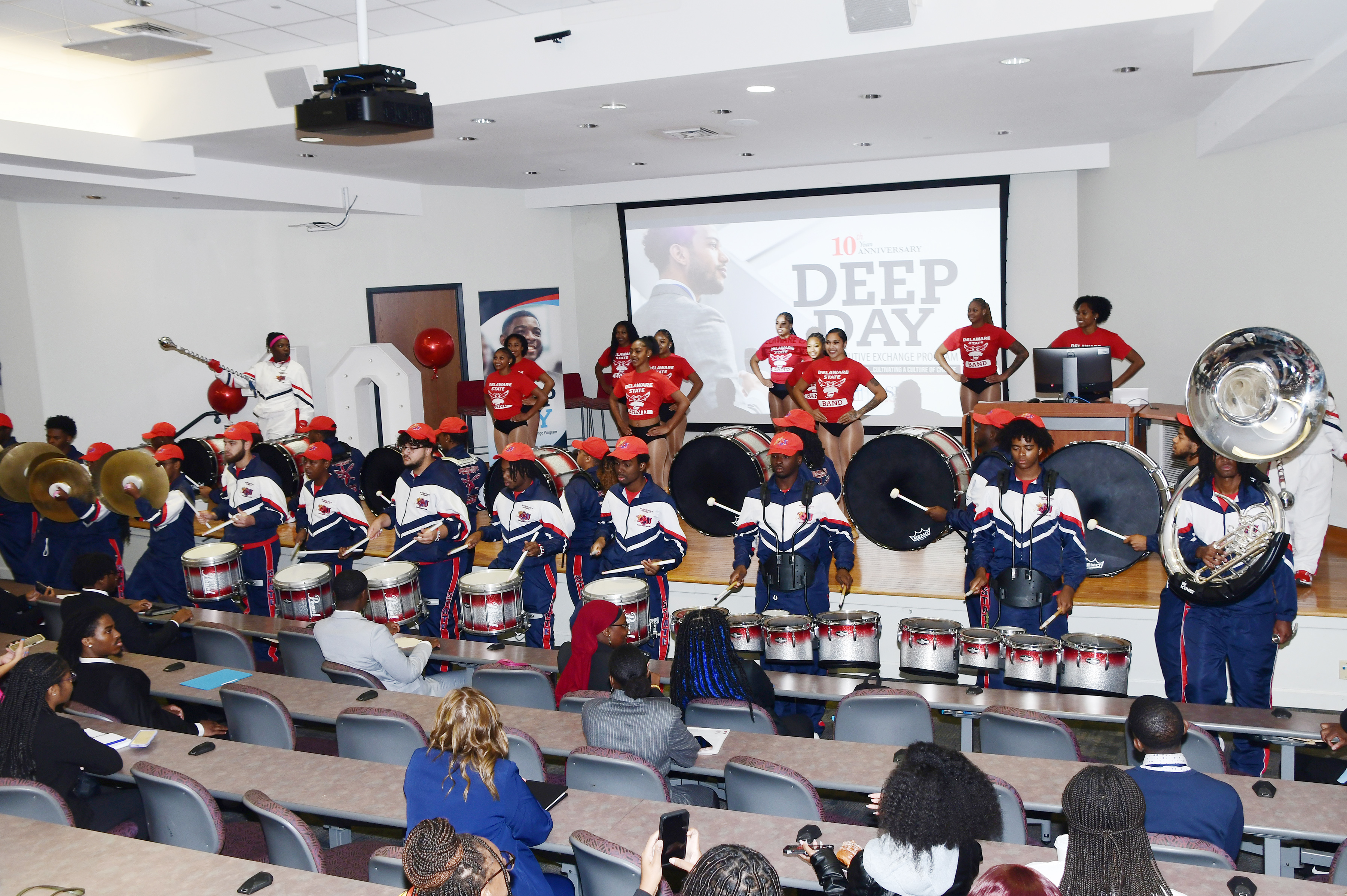 The DSU Approaching Storm Marching Band kicked off the College of Business' 10th annual DEEP Day professional development event with rousing music in the Longwood Auditorium in the Bank of America Building. 