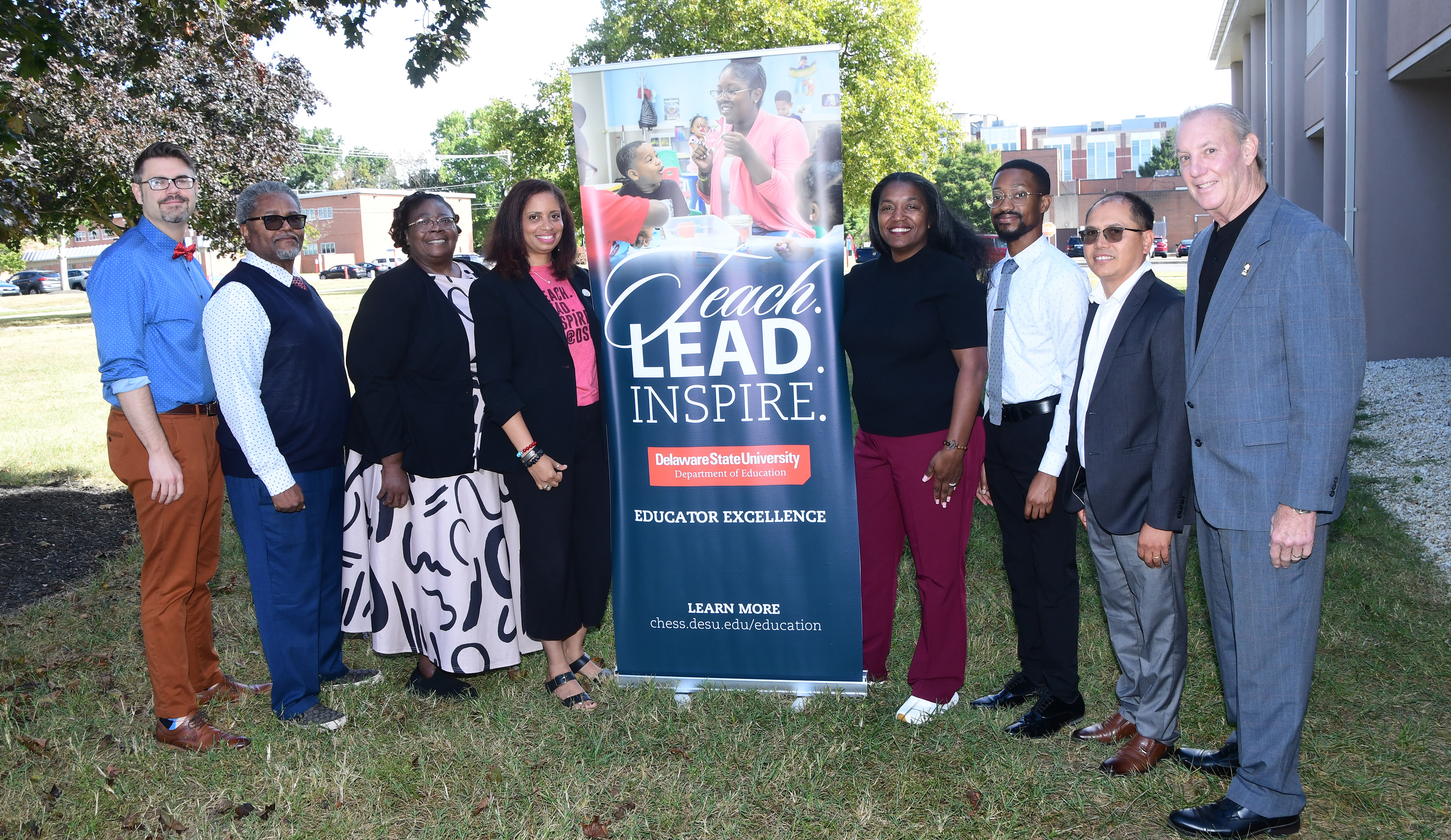 (L-r) The DSU's Education Department's Dr. Pietro Sasso, Dr. Reshid Walker, Dr. Brenda Wynder, Dr. Shelley Rouser (Chair), Dr. Tina Mitchell, Dr. Justin Alexander, Dr. Chet Gautam, and Dr. Richard Phillips will launch the Master of Education Leadership in Adult & Higher Education degree program in the Fall 2025.
